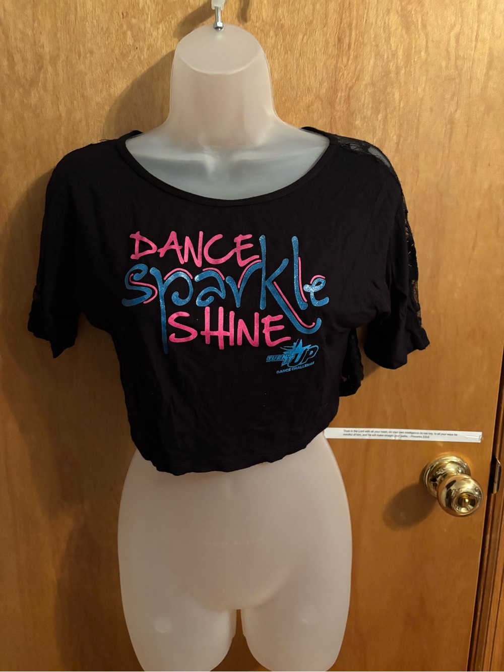Black 'Dance Sparkle Shine' Short Sleeve Crop Tee with Pink & Blue Graphics